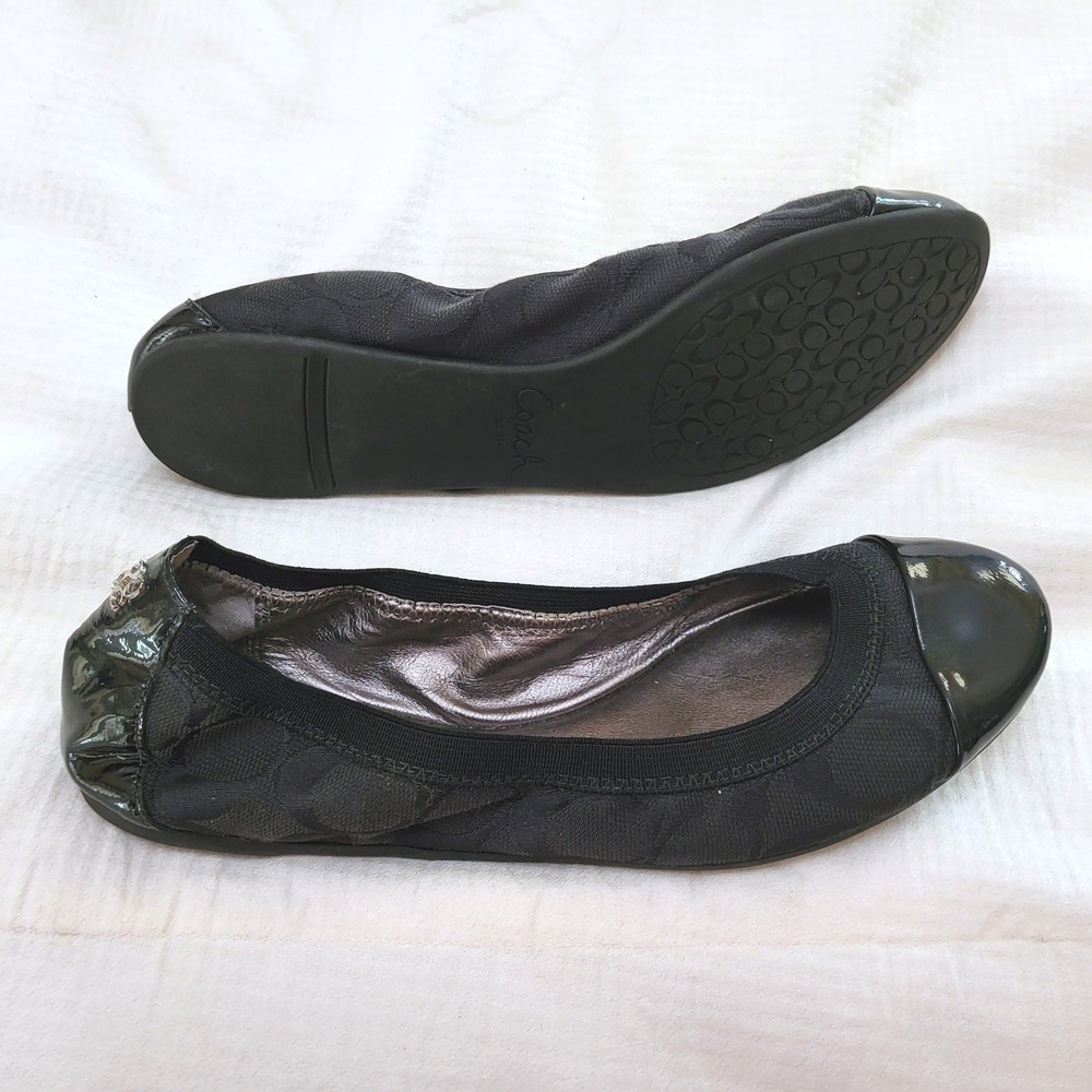Coach Wanda Black Patent Leather Cap Toe Logo Fabric Ballet Flats 7 - Picture 3 of 11